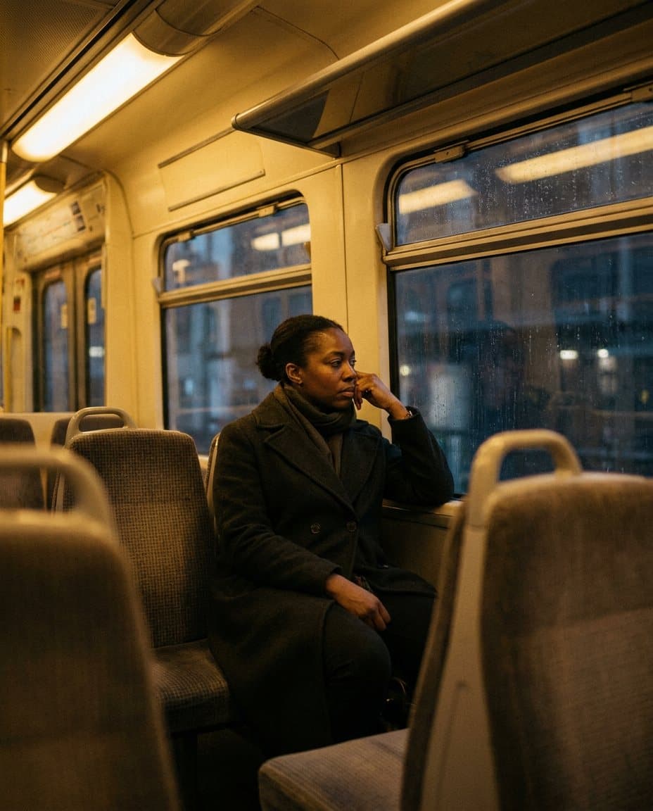 A woman sitting alone on a late-evening train, looking out of the window